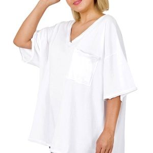 ZENANA Oversized Raw Edge Side Slit 
V-neck Front Pocket Hi Low Tee Top